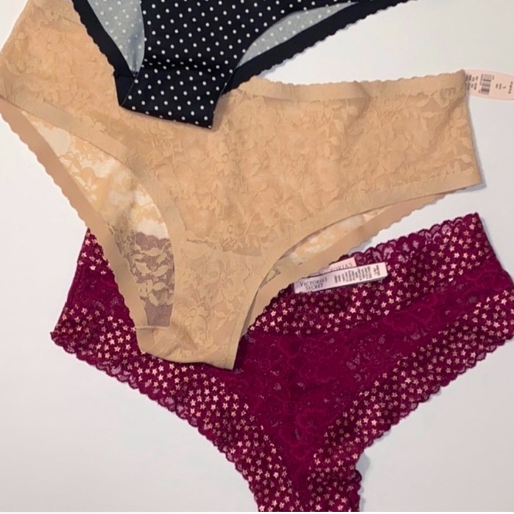 NWT 2 pairs Victoria's Secret Panty Sheer Lace Hip Hugger Beige Burgundy Stars